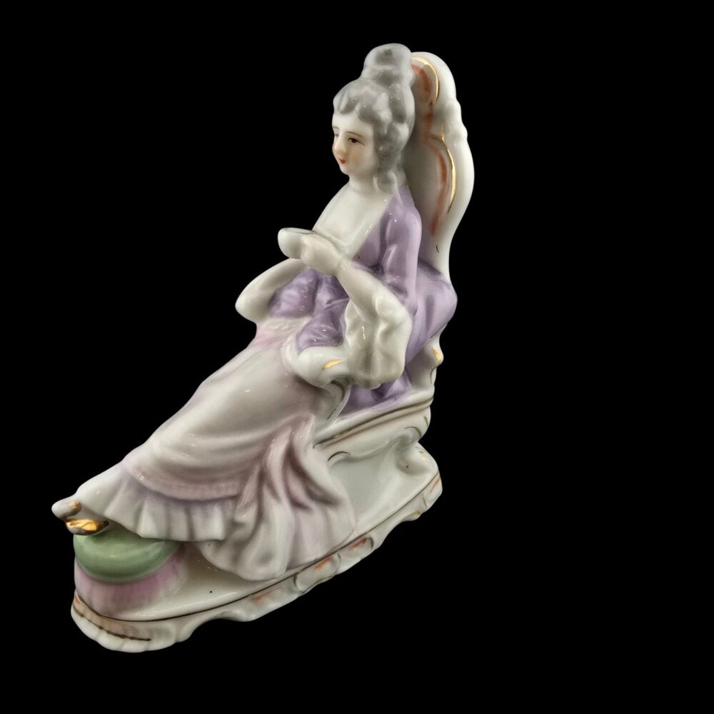 Vintage Porcelain Figurine Victorian Lady In Chair With Tea Cup Feet Up  Japan - Picture 2 of 11